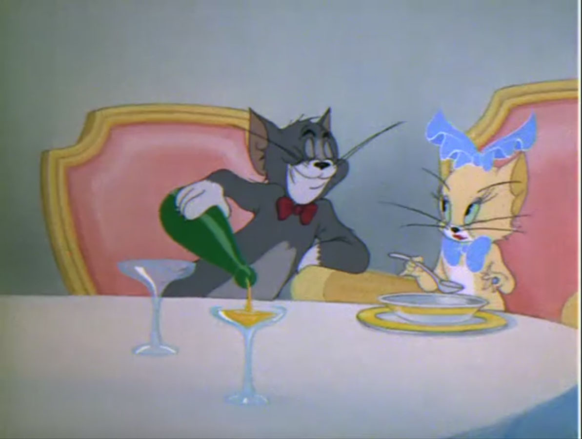 Tom is enjoying. Tom and Jerry eating.